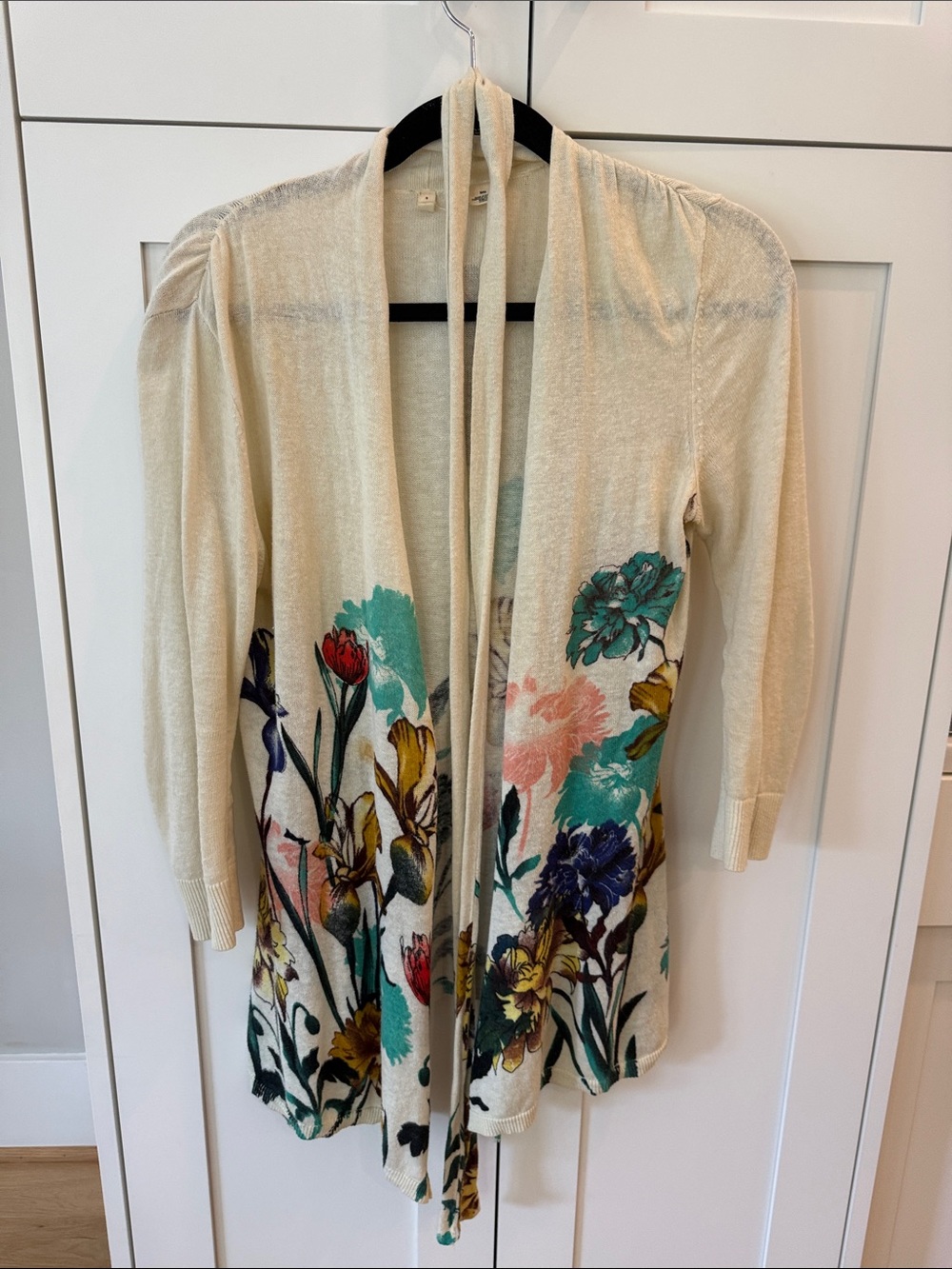 Moth linen blend open front floral pattern cardigan, size M